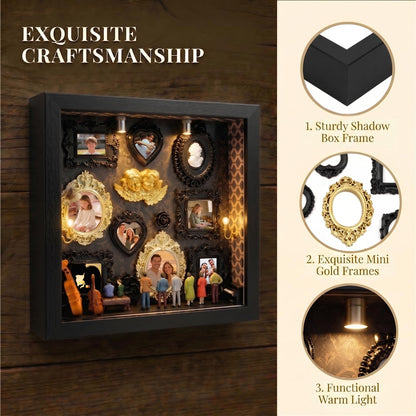 YXESO DIY Mini Museum Silhouette Box for Mother's Day, Shadow Box Frame with Gold Mini Picture Frames & People Figurines for Anniversary, Home Decor