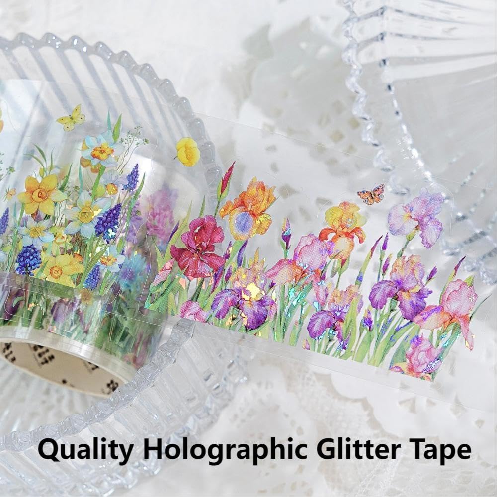 Diuhofart Holographic Garden Plant PET Tape Stickers for Journaling and Scrapbooking, 6 Rolls Precut Flower Branch Vines Decorative Tapes for Junk Journal Supplies, Bujo, Planners, DIY Crafts