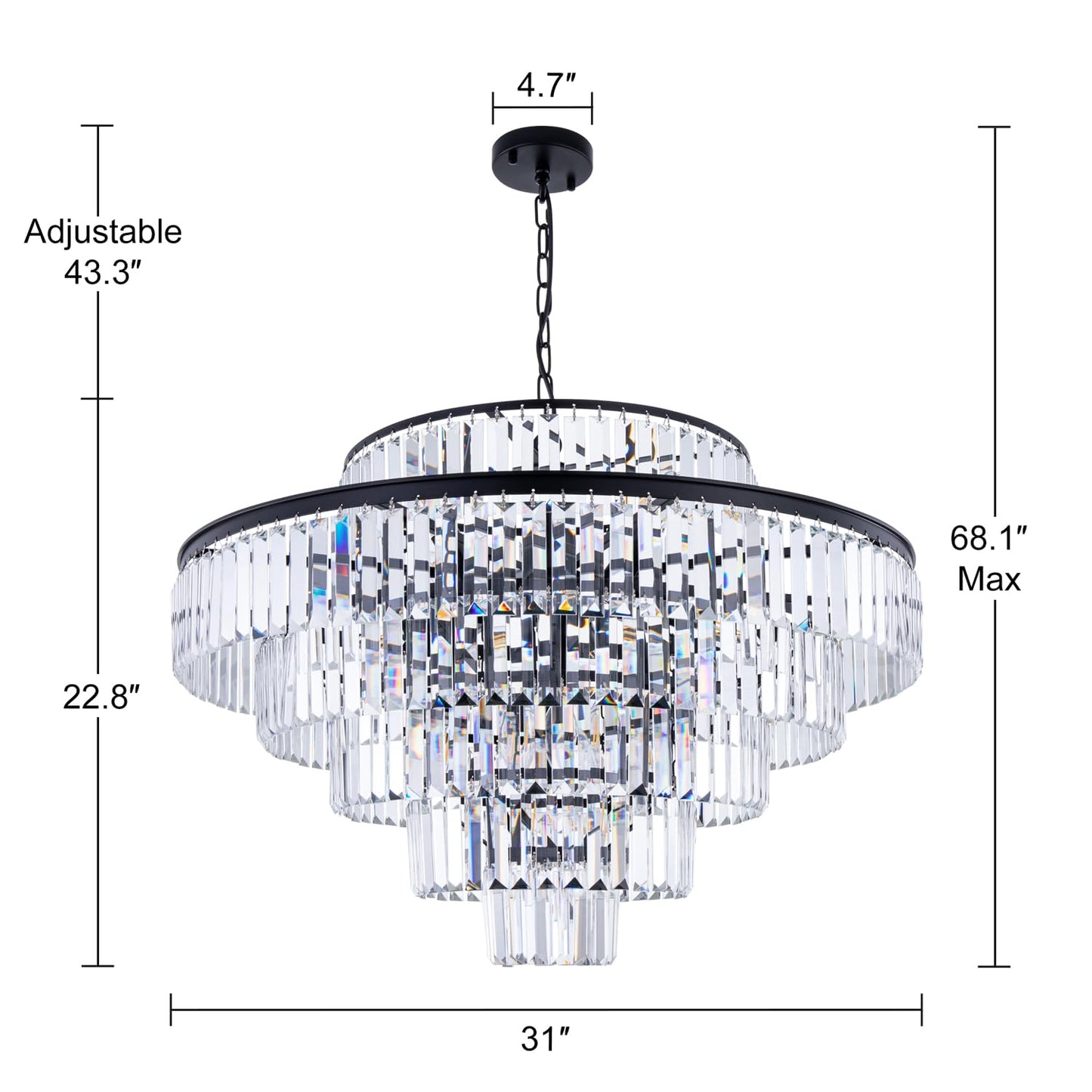 Wellmet Crystal Chandelier, 6-Tier Large Luxury Crystal Chandelier, 31'' Black Crystal Pendant Light for Living Room, Dining Room, Bedroom, Entryway, Hallway, Corridor,