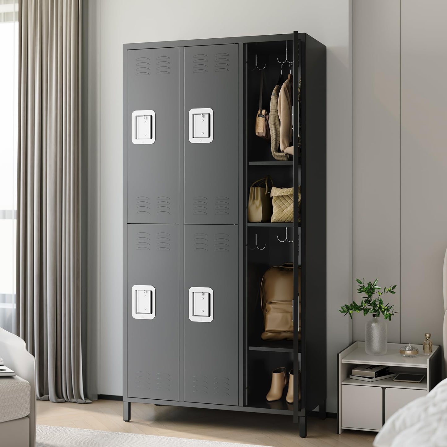 PioneerWorks 6-Door Metal Storage Locker with 18 Hooks, Heavy Duty Steel Locker for Gym, School, Office, Garage, Employee Locker Room, Home Organization, Black, Assembly Required