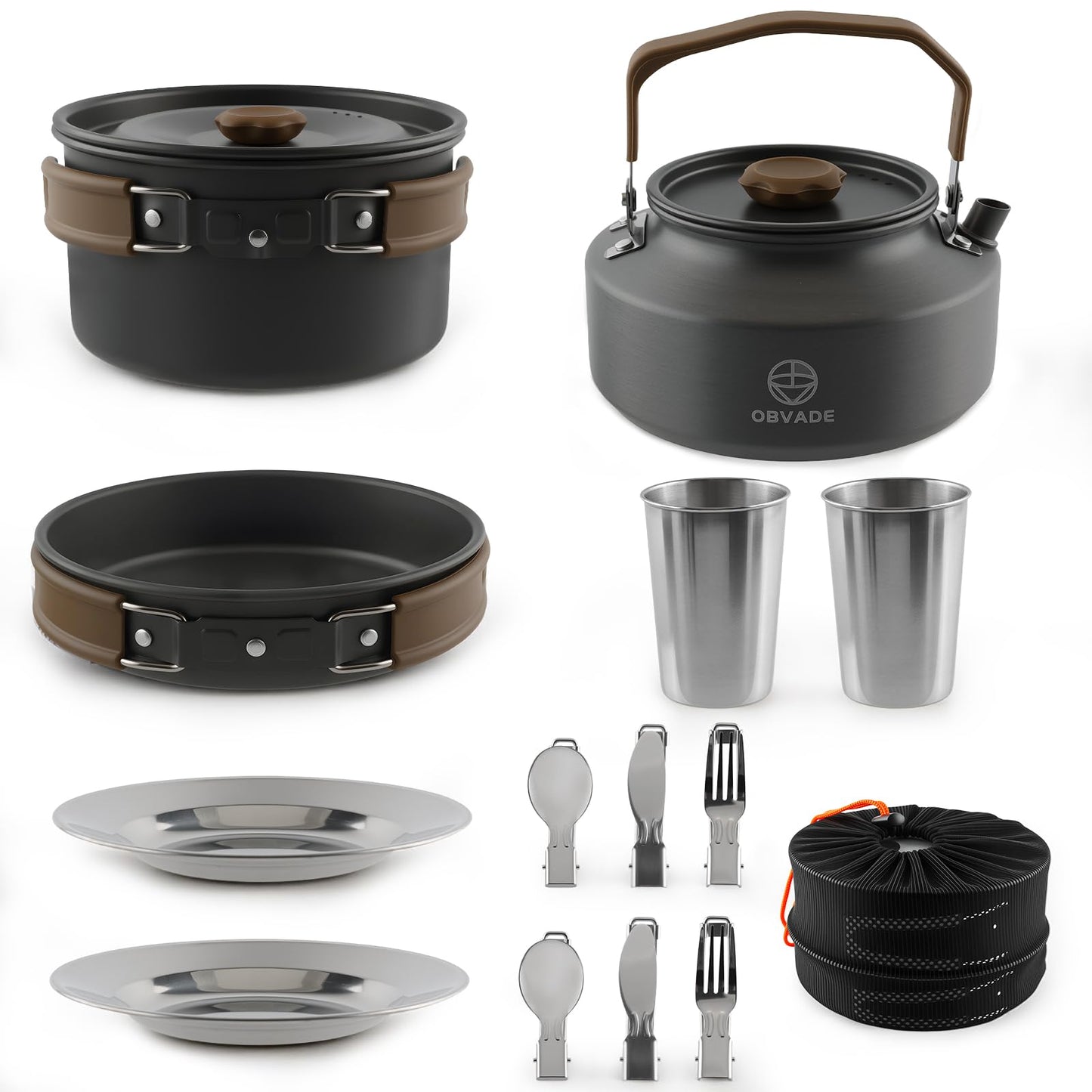 17-Piece Camping Cooking Set with Kettle, Non-Stick Anodized Aluminum Camping Cookware Set – Portable Pot & Pan Kit for Outdoor Hiking, Picnics, Backpacking, Survival, Mesh Carry Bag Included