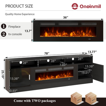 OneBlis 80" Fireplace TV Stand with Power Outlet for TVs UP to 90", Electric Fireplace Entertainment Center with LED Lights & Storage Cabinets, TV Console for Living Room, Office, Black-Black