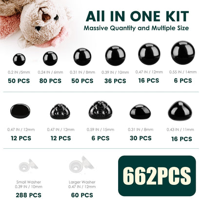 662Pcs Safety Eyes and Noses for Amigurumi, Junreox Preimum 5-14mm Safety Eyes for Crochet Stuffed Animals, Assorted Plastic Crochet Craft Eyes with Washers for Teddy Bear, Dolls, Plushies Toys, Black