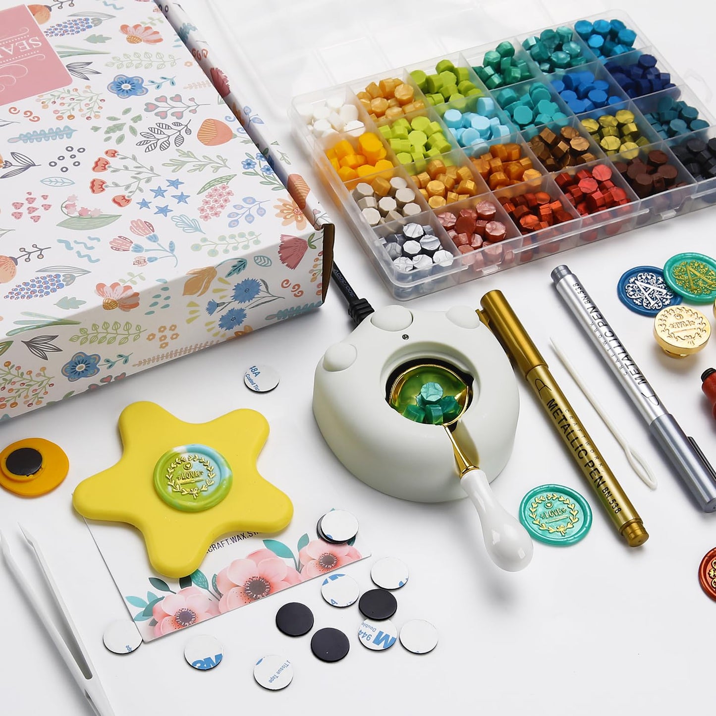 VSECUON Flower Initial Alphabet C & Eucalyptus Wax Seal Stamp Kit with 2 Brass Heads Electric Wax Seal Warmer 600 Sealing Beads Ideal for Wedding Invitation Gift Wrapping Christmas (Floral C Kit)