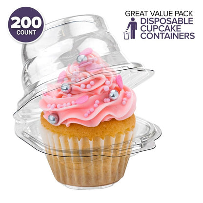 Stock Your Home Individual Plastic Cupcake Containers Disposable with Connected Airtight Dome Lid (200 Count) Clear Single Cupcake Container, BPA Free