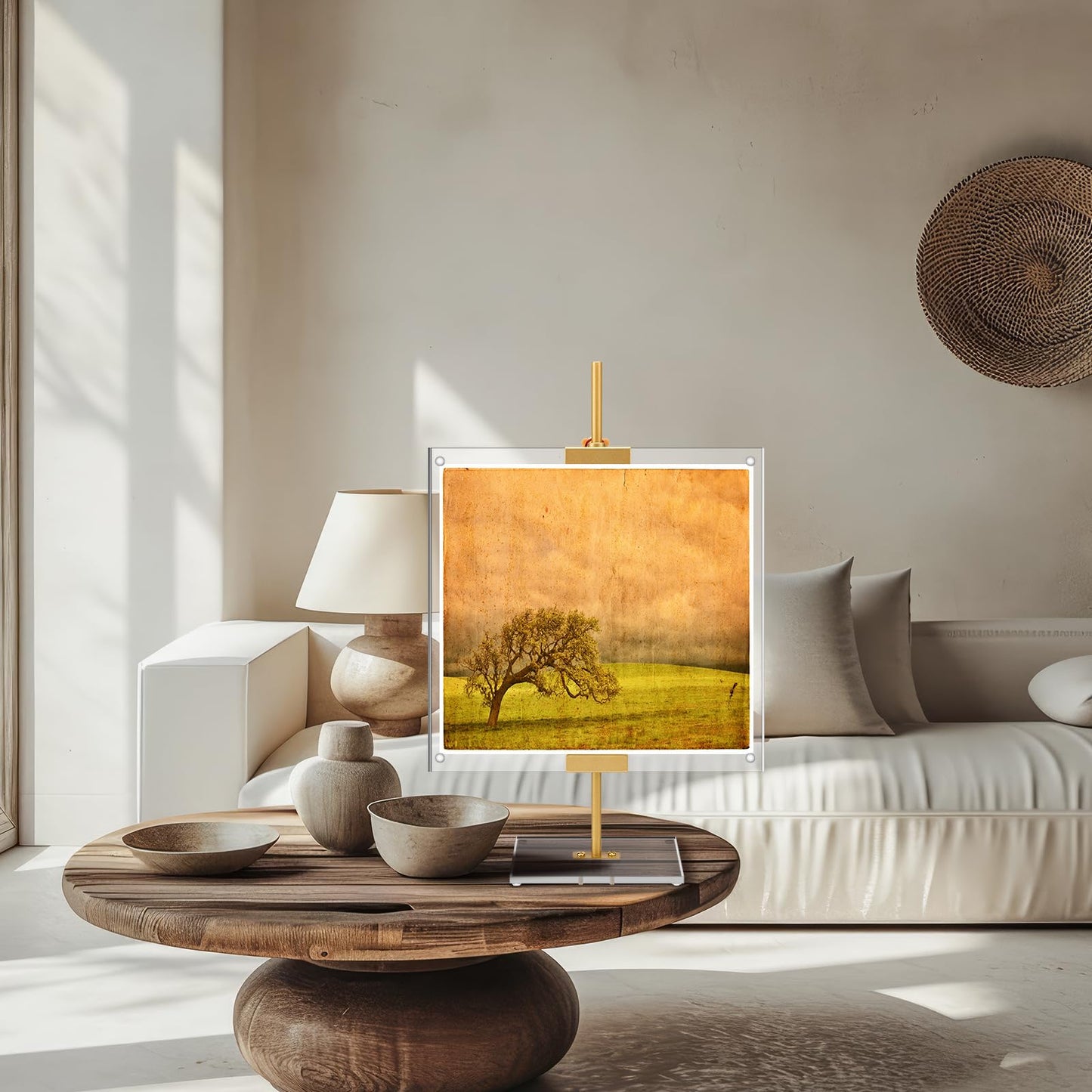 RattanView Adjustable Metal Easel Stand with Acrylic Floating Photo Frame 16.5" Tabletop Metal Standing Easel Display Stand for Display Picture, Frame, Photos, Art, Poster, Signs(Gold,Acrylic Base)