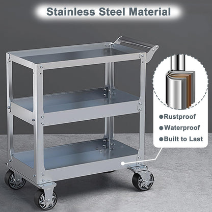 3-Tier 14 Gauge Stainless Steel Utility Cart, 1100 lbs Heavy Duty Service Cart with Wheels, Rolling Tool Cart on Wheels for Mechanic, Garage, Workshop, Warehouse, 15.75" D x 30.7" W x 36.2" H