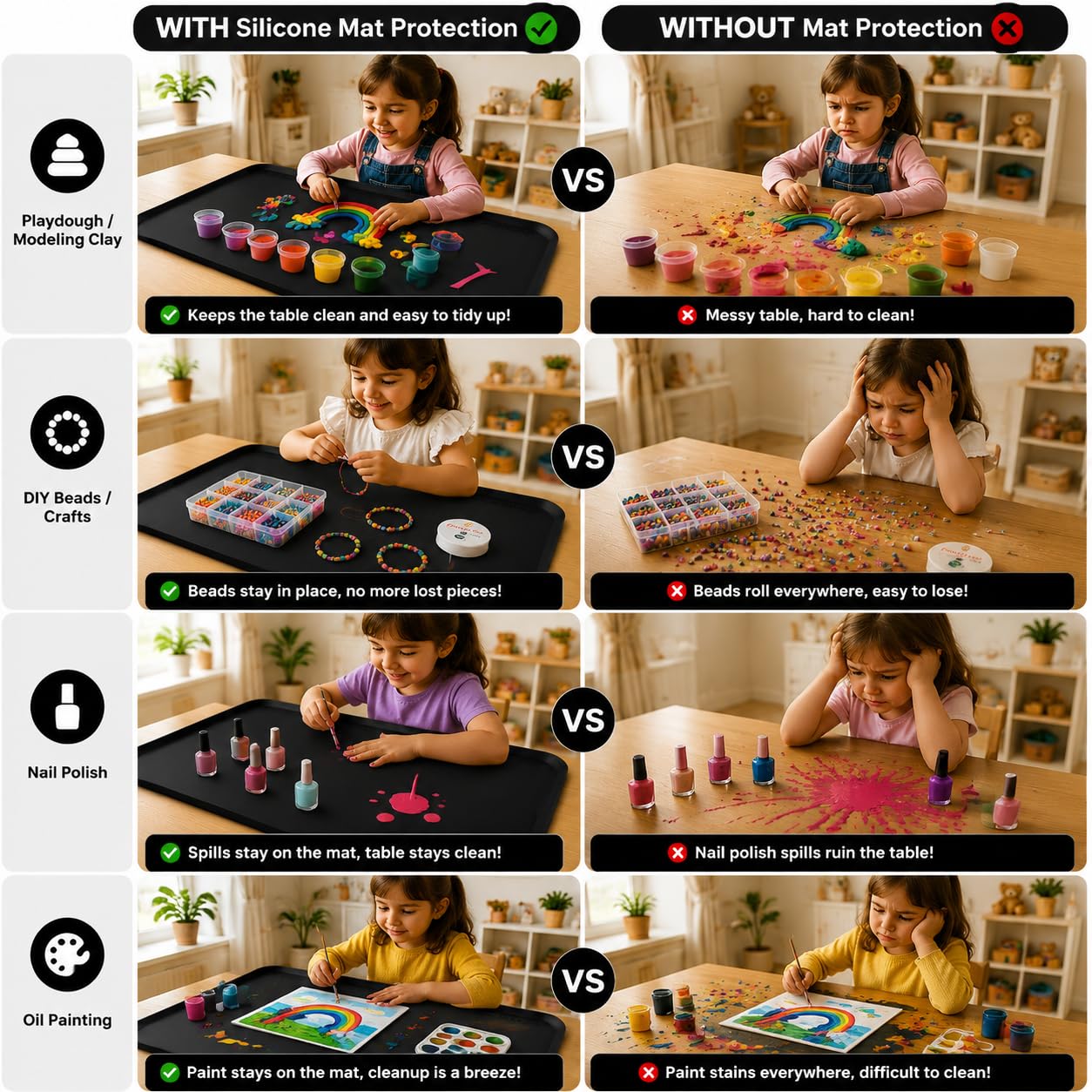 Silicone Art Mat for Crafts, 24"x16" Silicone Painting Mat to Keep Clean Protects Surfaces Perfectly for Crafts, Legos, Resin & Jewelry-Making, DIY Crafts Mat (Black)