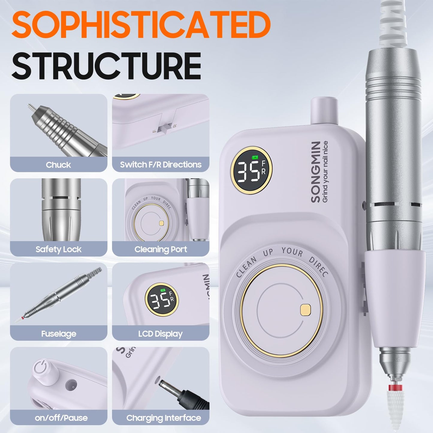 Professional Nail Drill 35000 RPM,SONGMIN Portable Cordless Efile with Bits Kit for Acrylic Nails Gel Polishing Removing,Rechargeable Electric Nail File Machine for Manicure,Pedicure Salon Home,Pink