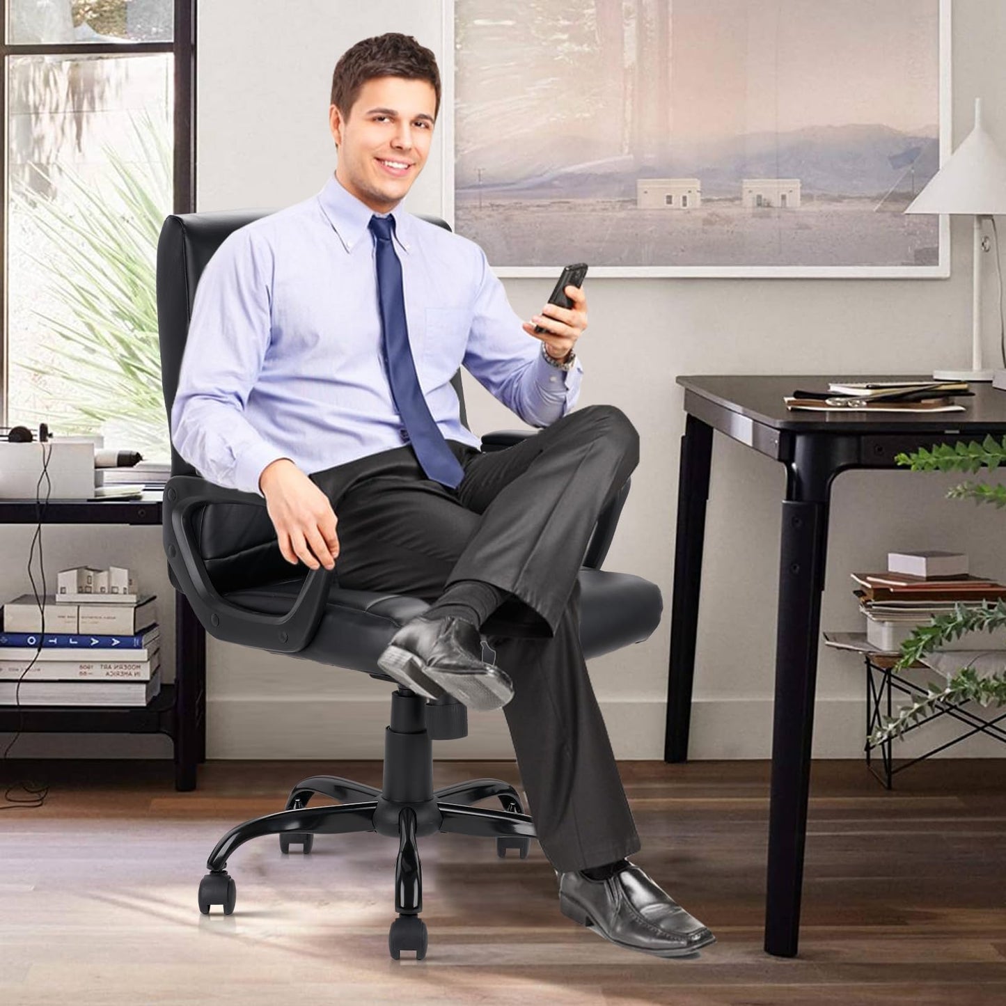 CLATINA Leather Ergonomic Office Chair with Lumbar Support and Padded Armrestes, Swivel Rolling Executive Mid Back Computer Task Desk Chair for Home, Conference, Waiting Room, Black, 4 Pack