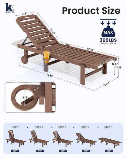 KINGYES Outdoor Armless Chaise Lounge Set of 2, HDPE Pool Lounge Chairs with Cup Holder & Wheels, Patio Lounger Chairs for Poolside, Brown
