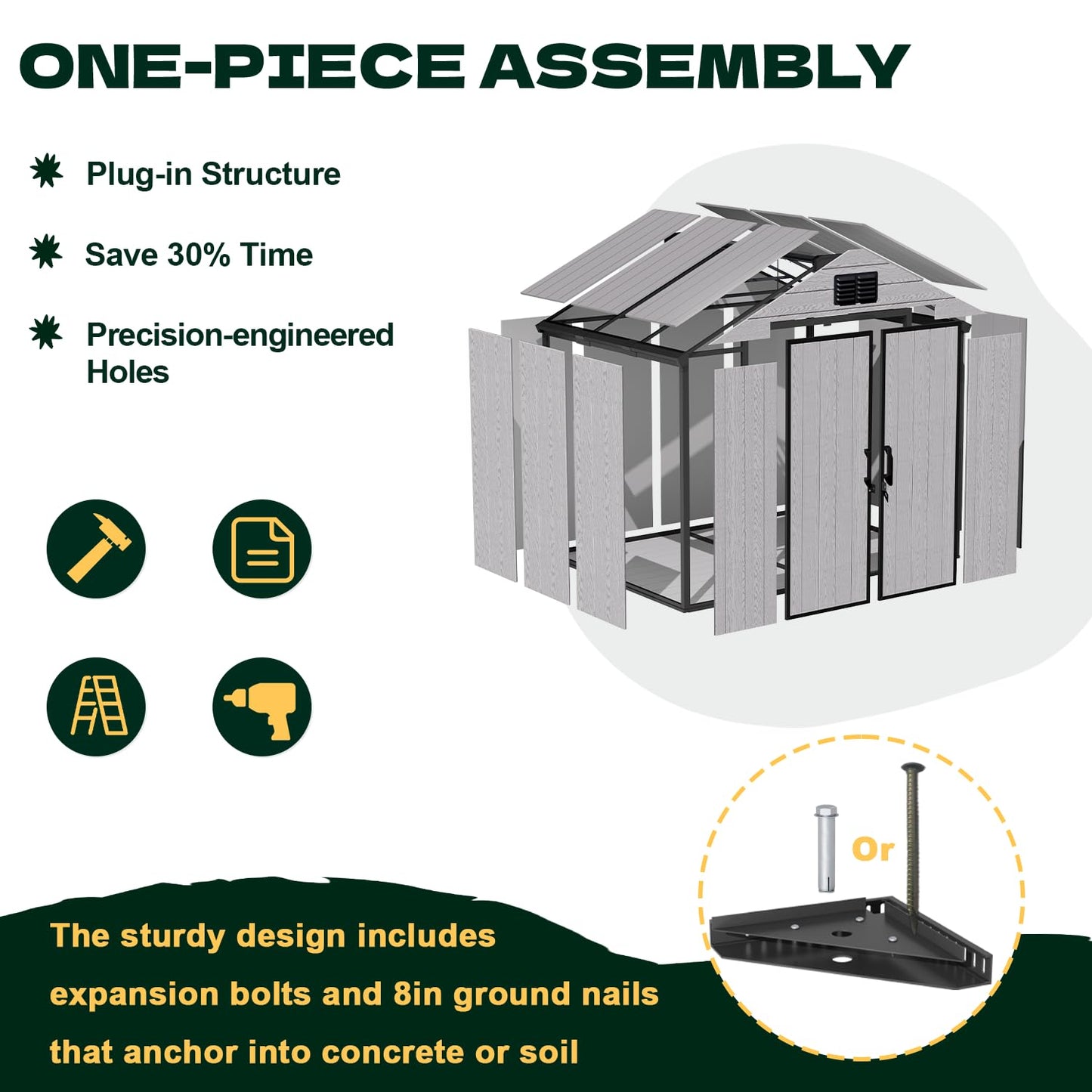 DNYKER 8 x 6 FT Plastic Outdoor Storage Shed, All-Weather Resin Garden Shed with Floor, Lockable Doors & Windows, Plastic Tool Shed for Patio，Poolside, Backyard