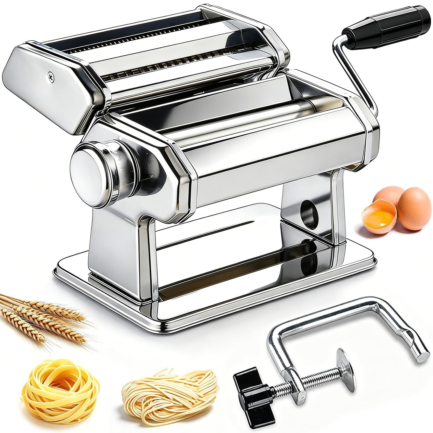 Pasta Maker Machine, Manual Pasta Maker with 9 Adjustable Thickness Settings, Stainless Steel Noodles Maker with Rollers and Cutter for Pasta, Spaghetti, Fettuccini, Lasagna