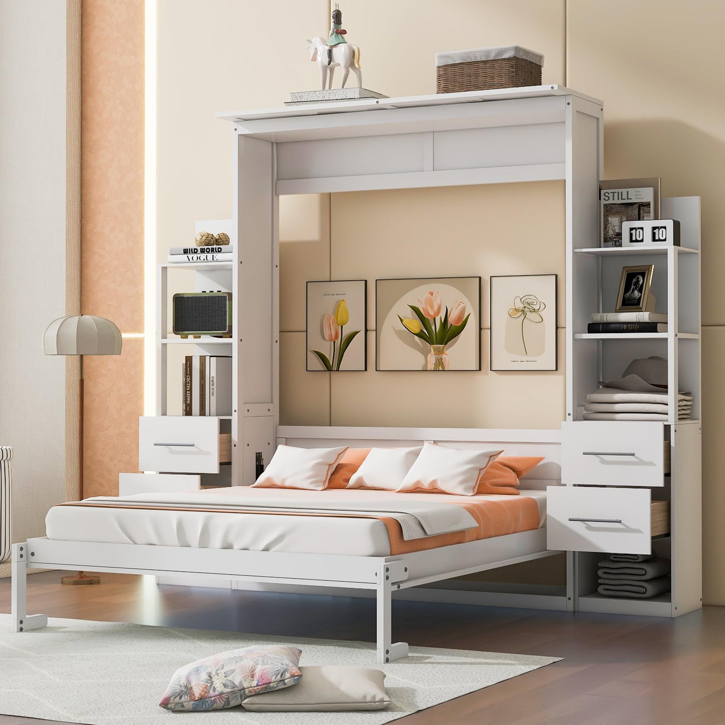 DNYN Queen Size Murphy Bed with 4 Storage Drawers & Shelf & Foldable & Wall Bedframe Design,for Small Space,Bedroom,Guest Room, White