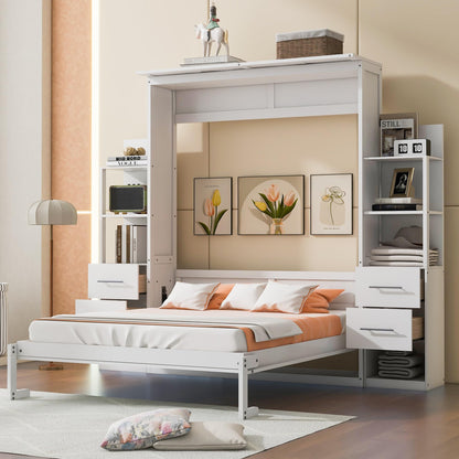 DNYN Queen Size Murphy Bed with 4 Storage Drawers & Shelf & Foldable & Wall Bedframe Design,for Small Space,Bedroom,Guest Room, White