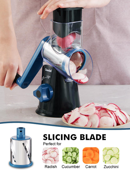Geedel Rotary Cheese Grater, Kitchen Mandoline Vegetable Slicer with 3 Interchangeable Blades, Easy to Clean Rotary Grater Slicer for Fruit, Vegetables, Nuts