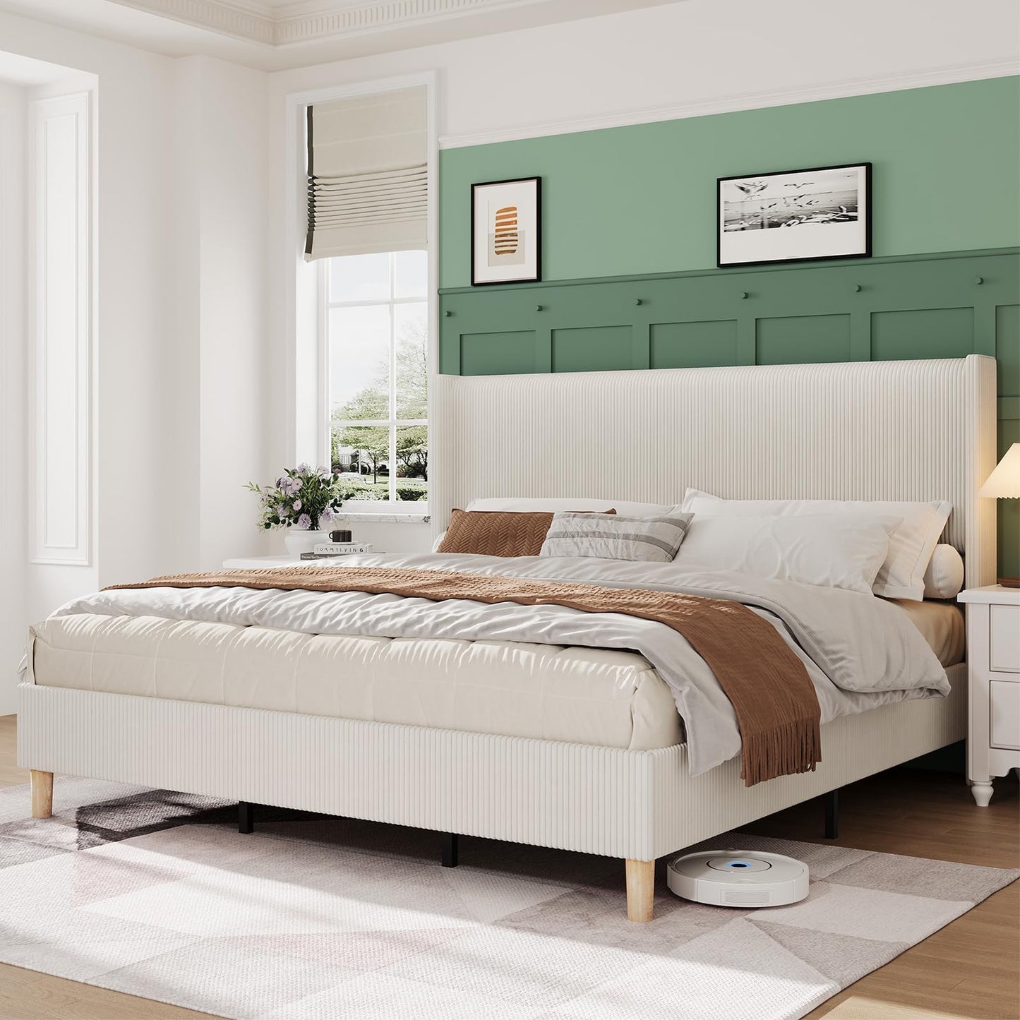 GarveeLife King Size Corduroy Upholstered Bed Frame, 50.4" Wingback Headboard with Sponge Padding, Wooden Slats Support, Noise‑Free, No Box Spring Needed, Beige