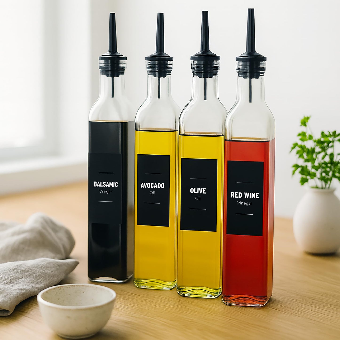 Olive Oil & Vinegar Dispenser Bottle Set with Stainless Steel Pourer, Funnel & Labels - Glass Kitchen Oil Cruet - Dispenser Bottle for Coffee Syrup, Soy Sauce, Cooking Sauces & More - 500ml - Set of 4