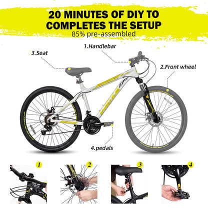 WEIZE Mountain Bike, 26/27.5-Inch Adult Bike, 21-Speed Rear Disc Brake, Lightweight Aluminum Frame for Men and Women, Comfort Saddle for Outdoor Trail Riding,White