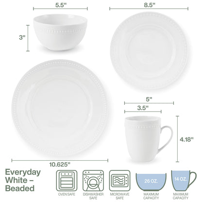 Everyday White by Fitz and Floyd, Beaded 16 Piece Dinnerware Set, Service for 4
