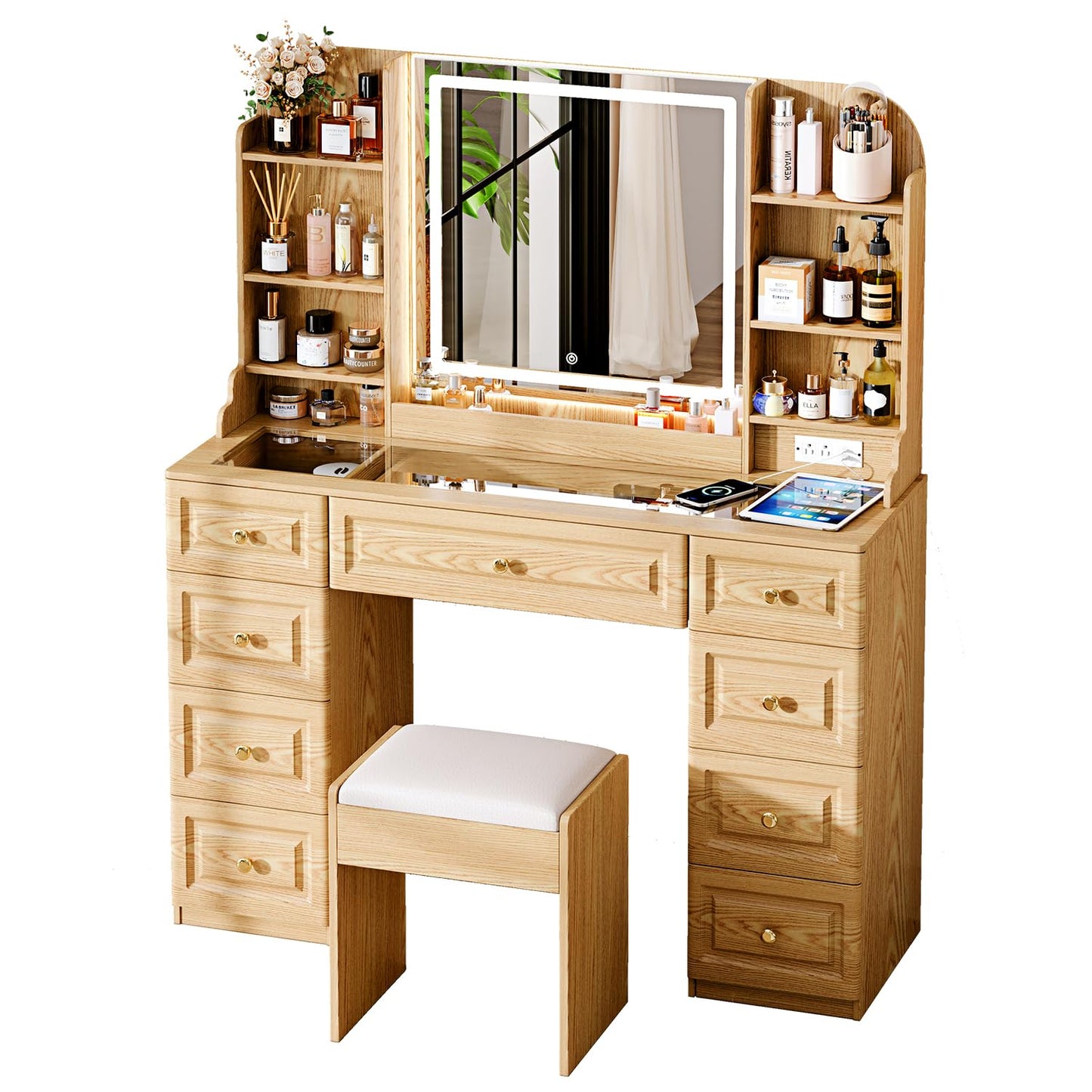 Arulvmrn 43" Makeup Vanity Desk with Mirror and Lights, & Power Outl, Glass Top Big Vanity Table with 9 Drawers& 8 Storage Shelves, Dressing Table Set with Chair for Bedroom, Wood