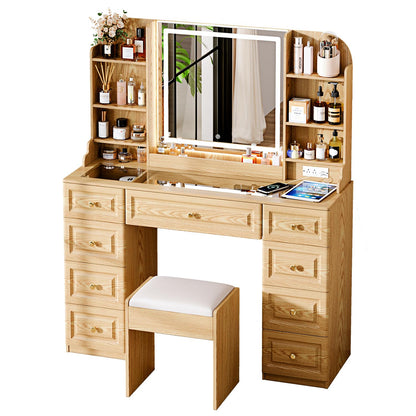 Arulvmrn 43" Makeup Vanity Desk with Mirror and Lights, & Power Outl, Glass Top Big Vanity Table with 9 Drawers& 8 Storage Shelves, Dressing Table Set with Chair for Bedroom, Wood