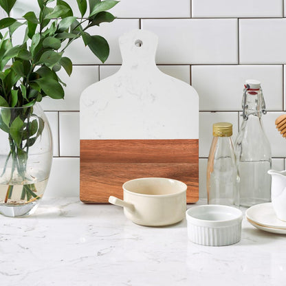 Coloch Marble and Acacia Wood Cutting Board, Charcuterie Chopping Board with Handle, Decorative Serving Board for Cheese, Steak, Bread, Fruit (white)