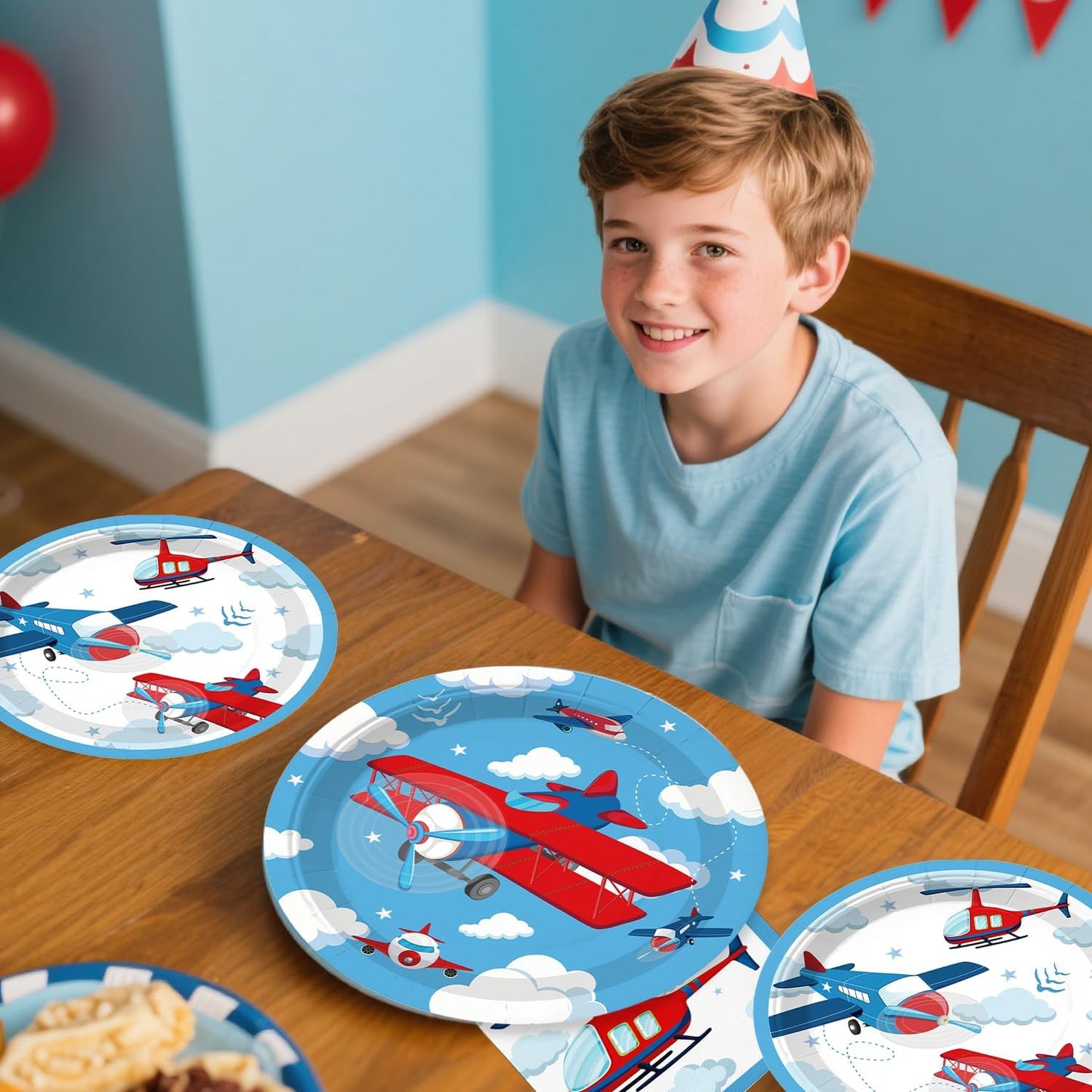 212 Pcs Airplane Birthday Party Decorations, Airplanes Party Banner Balloons Blue Sky and Red Paper Plates Napkins Set with 2 Pcs Airplane Table Cloth Airplane Flight Plane Themed Decorations