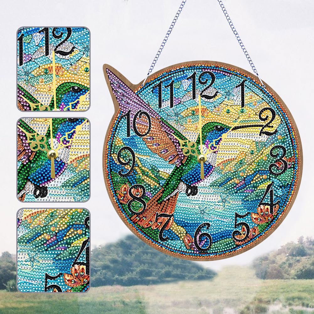Hummingbird Diamond Art Hanging Wall Clock, Kits for Adult, Diamond Art Painting Hanging Kits Ornaments, DIY Special Shaped Rhinestone Window Pendants kit for Home Garden Wall Decor Gift
