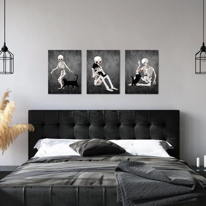Kalormore Halloween Wall Decor Black and White Skeleton Canvas Wall Art Funny Skull with Cat Painting Prints The Day Of Dead Picture Framed Artwork Ready to Hang (12"x16"x3pcs)