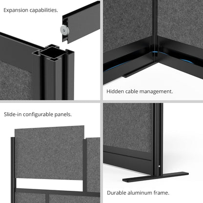 Stand Up Desk Store Expanse Modular Wall | 70'' x 70'' Wall | Expandable Partition Room Divider with Rearrangeable Frosted Acrylic & Sound Absorbent Panels (Black Frame)