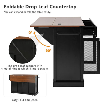 Bellemave 58" Farmhouse Kitchen Island cart with Charging Station and with Storage, Sliding Barn Door & Metal Grid Side Door, Rolling Kitchen Island Table with 5 Wheels with Spice Rack, Black