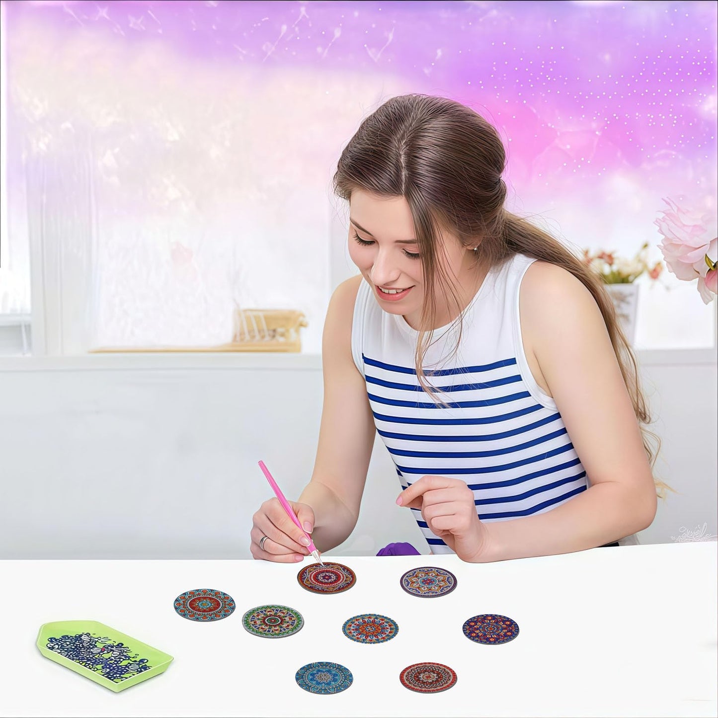 DDGYP 8 Pcs Mandala Diamond Painting Coasters with Holder, DIY 5D Diamond Art Craft Supplies for Home Decor, Diamond Art Kits for Adults