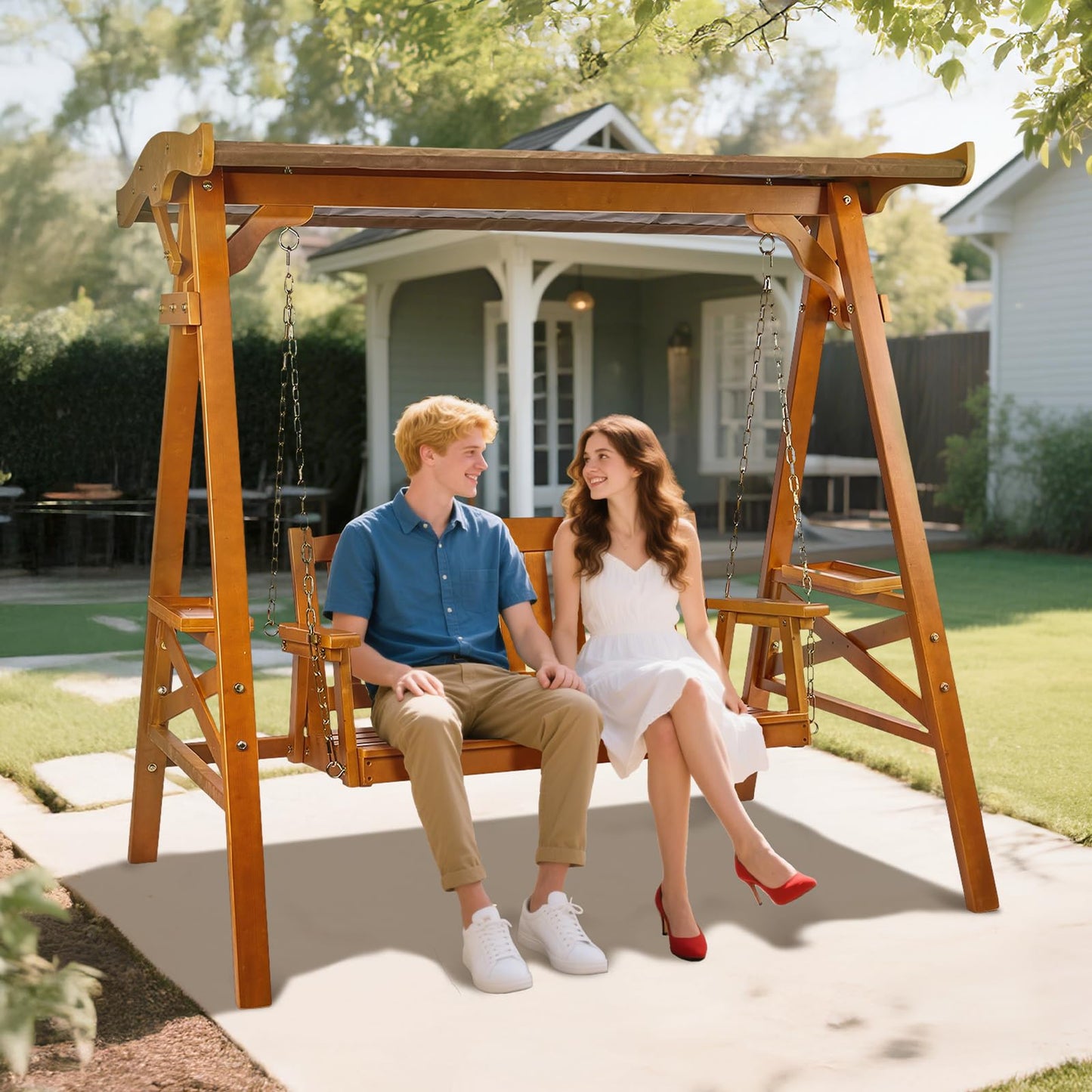 VINGLI Porch Swing with Stand, Porch Swing with Canopy, Waterproof Patio Swing with Cup Holder, Outdoor Swing Set for Garden, Yard, Patio, Teak