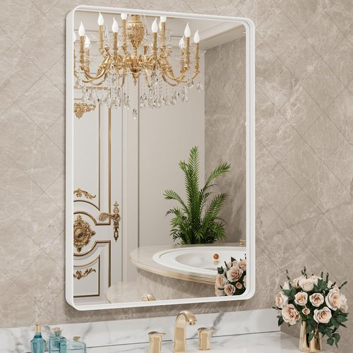 LOAAO Bathroom Mirror - 28x36 Inch White Metal Framed | Large Rounded Rectangle, Anti-Rust, Versatile Hanging