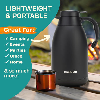 Thermal Coffee Carafe, 68 Oz - Black Stainless Steel, Durable & Easy to Pour, Keeps Drinks Hot for 12 Hours & Chilled