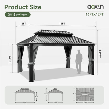 Aoxun 12FT X 16FT Hardtop Gazebo, Outdoor Pergolas with Mosquito Netting and Curtains, Galvanized Steel Double Roof Permanent Metal Gazebo, for Gardens, Decks, Patios, Parties