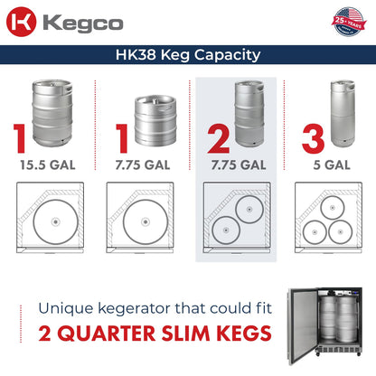 Kegco Kegerator 24" Wide Dual Tap Black/Stainless Steel Commercial Beer Dispenser HK38BSC-L-2