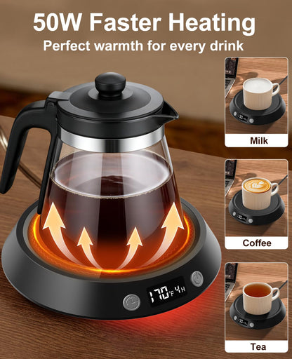 Kepwam Coffee Mug Warmer - 50W Electric Coffee Warmer for Desk 3 Temp Settings & 2-9 Timer Smart Cup Warmer for Desk Candle Warmer Plate with LED Lights Beverage Tea Milk Warmer for Home & Office