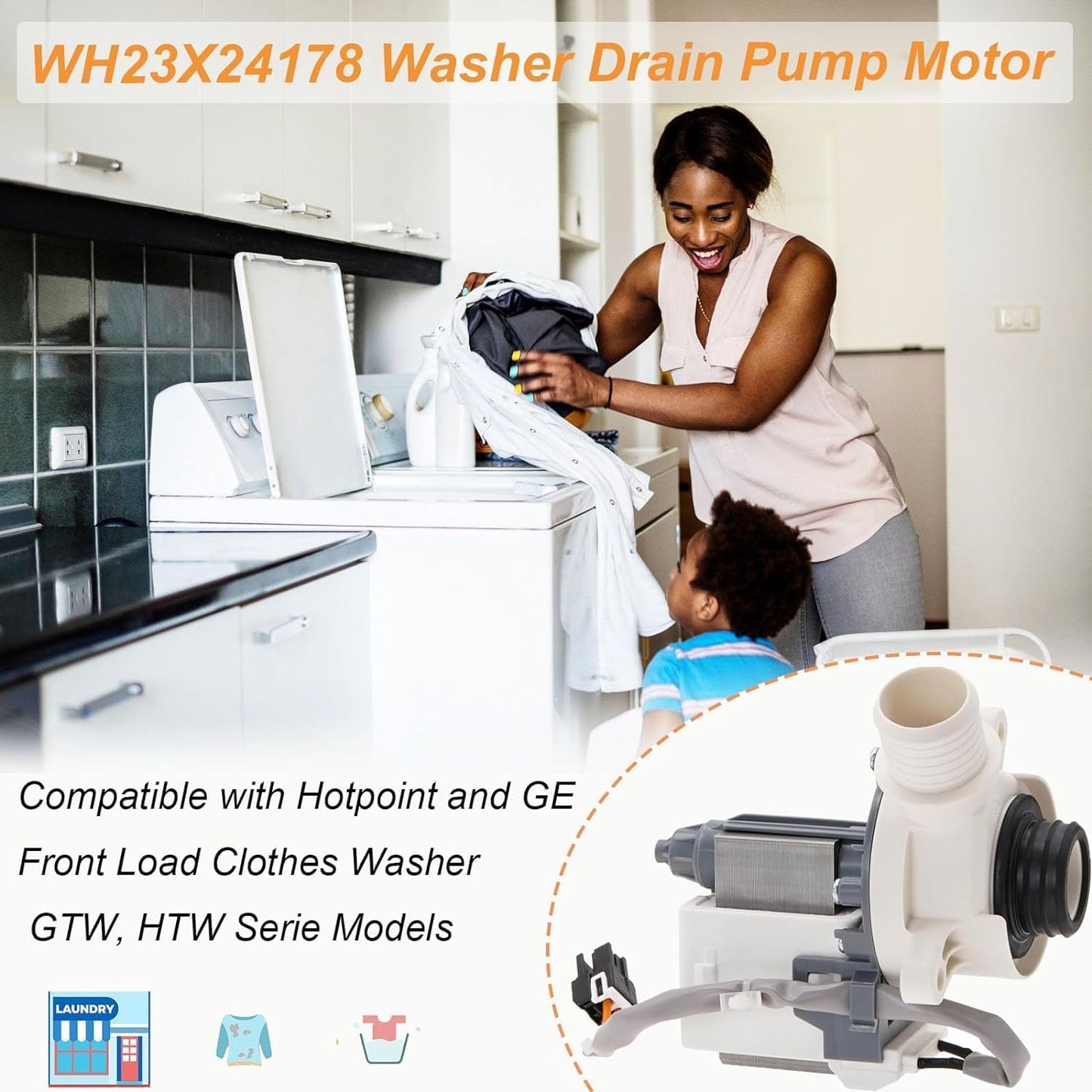 WH23X28418 Washer Drain Pump Assembly Compatible with GE Hotpoint - Replaces WH23X24178, WH23X27574, 4958182,