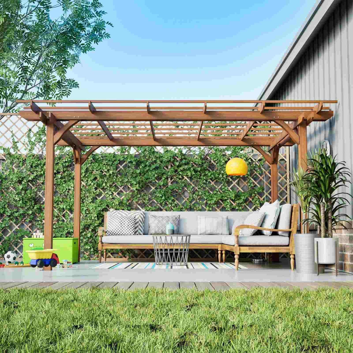 FRITHJILL 12x10FT Wooden Pergola with Slatted Roof Trellis, Fir Wood Outdoor Pergola for Climbing Plants & Vines, Waterproof Garden Arbor for Patio, Backyard, Deck