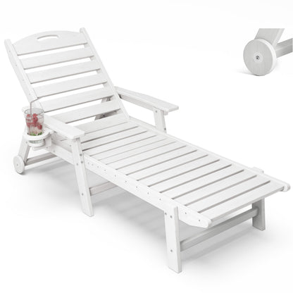 Patio Chaise Lounge Chair Set of 2, HDPE Outdoor Lounge Chairs with 5-Position Adjustable Backrest, Cup Holder and Wheels, 450lbs Capacity for Poolside Deck Backyard, All Weather Material(Gray)