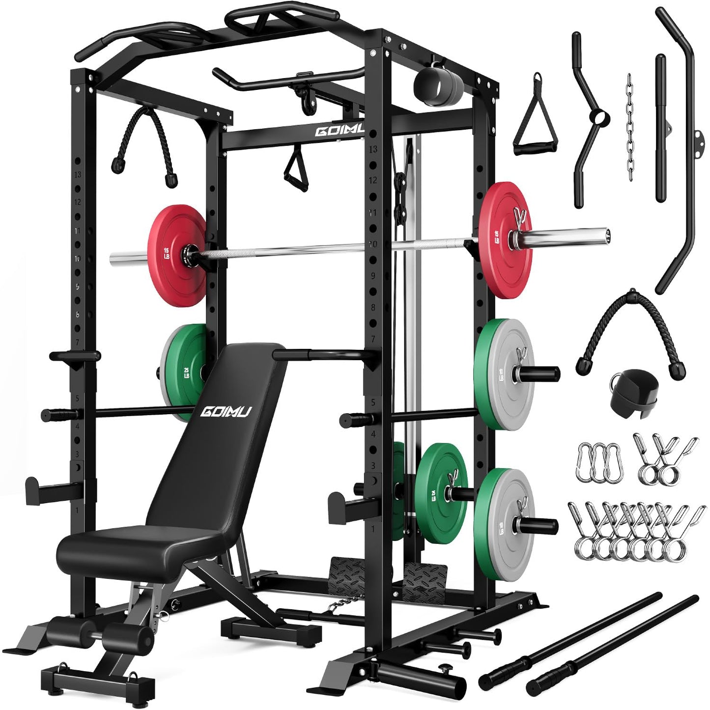Goimu C1-V4 Power Cage, 2000LBS Squat Rack with LAT Pulldown, Multi-Function Weight Cage Strength Training Machine, Workout Cage with More Attachments for Home Gym Garage (220LBS BK Home Gym Package)