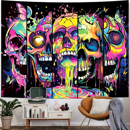 Heopapin Blacklight Skull Art Tapestry UV Reactive Neon Skeleton Butterfly Tapestries Trippy Blacklight Horror Face Wall Hanging Tapestry Halloween Aesthetic Wall Decor Tapestries for Home W78×H59