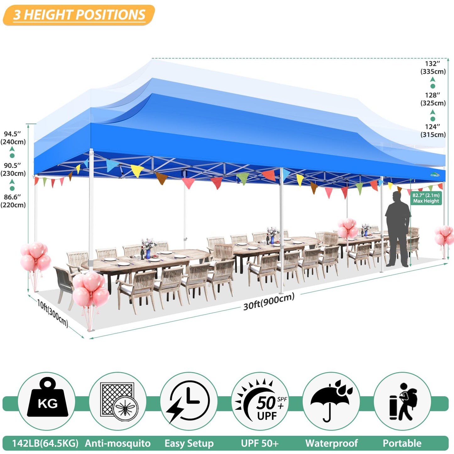 COBIZI 10x30 Pop Up Canopy with Sidewalls, Heavy Duty Canopy with Mosquito Netting, Easy up Screen Party Tents for Parties Backyard Outdoor Commercial Event Gazebo with Roller Bag, Sandbags, Blue