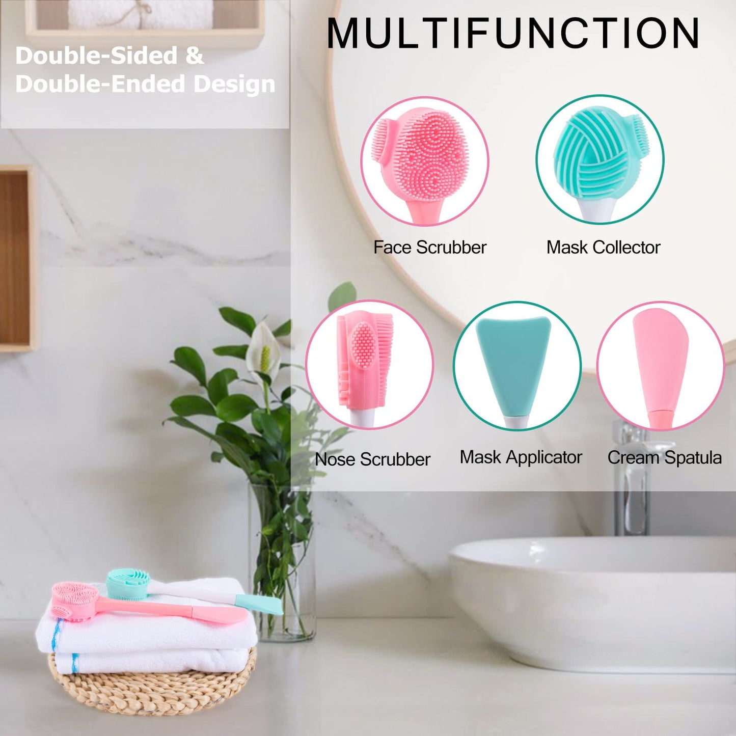 Silicone Facial Cleansing Brush 3 Pack, Beomeen 4 in 1 Handheld Face Scrubber for Deep Gentle Exfoliating, Double-Ended Face Wash Scrub Brush for Face Skincare and Massage (Green)