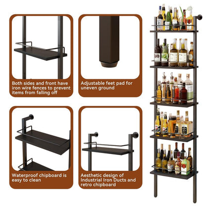 YMYNY 5-Tier Freestanding Wine Racks，Liquor Bottle Display Shelf with Fences, Wall Mounted Floating Shelf Storage Stand for Kitchen, Dining Room, 16.93" L x 7.87" W x 69.68" H Black UHWR001B
