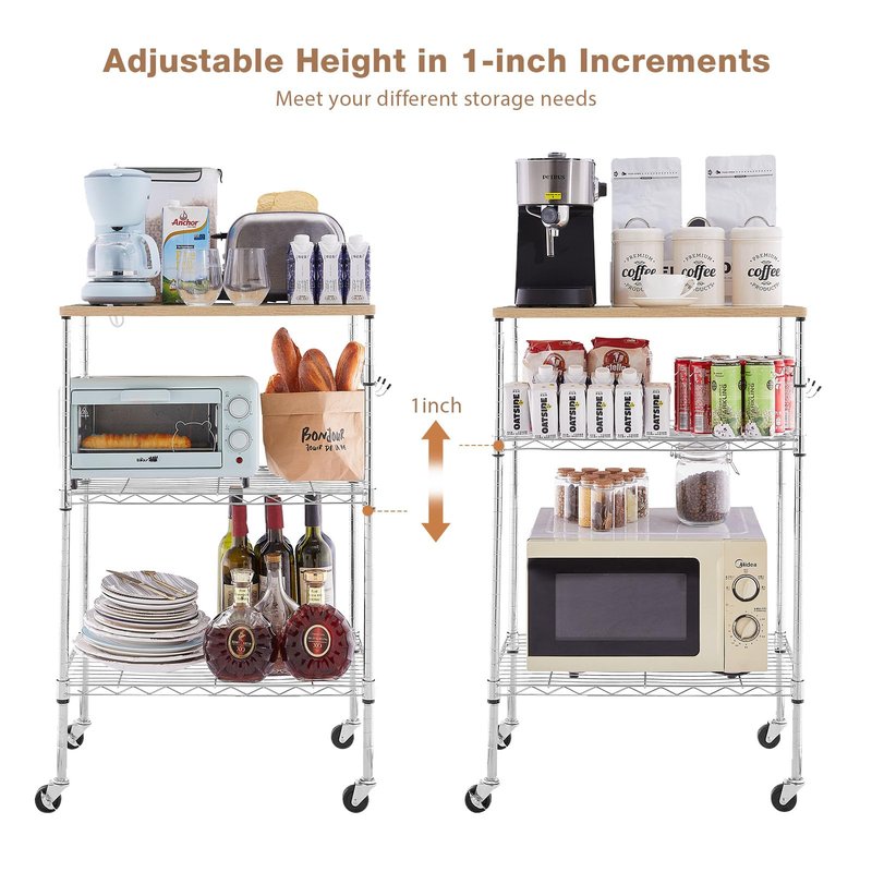 BolDuck 450Lbs Capacity Microwave Cart with Wheels, 3 Tier Rolling Cart with Adjustable Shelves, Multifunctional Metal Utility Storage Kitchen Carts on Wheels, 23.6" L*15.7" W*37" H, Wood+Chrome