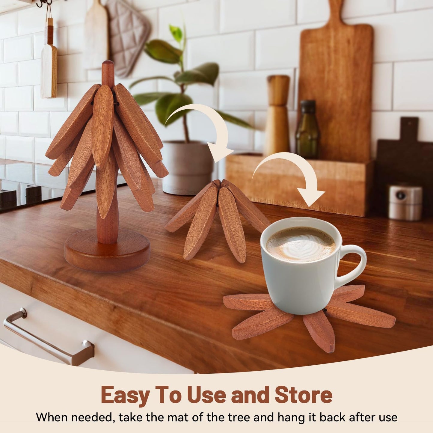 Futighapy Wooden Trivet Set - Perfect Kitchen Gift for Mom, Housewarming & Hostess | 4 Natural Wood Leaf Hot Pads with Decorative Stand | Pot Holders for Hot Dishes, Pans & Teapots