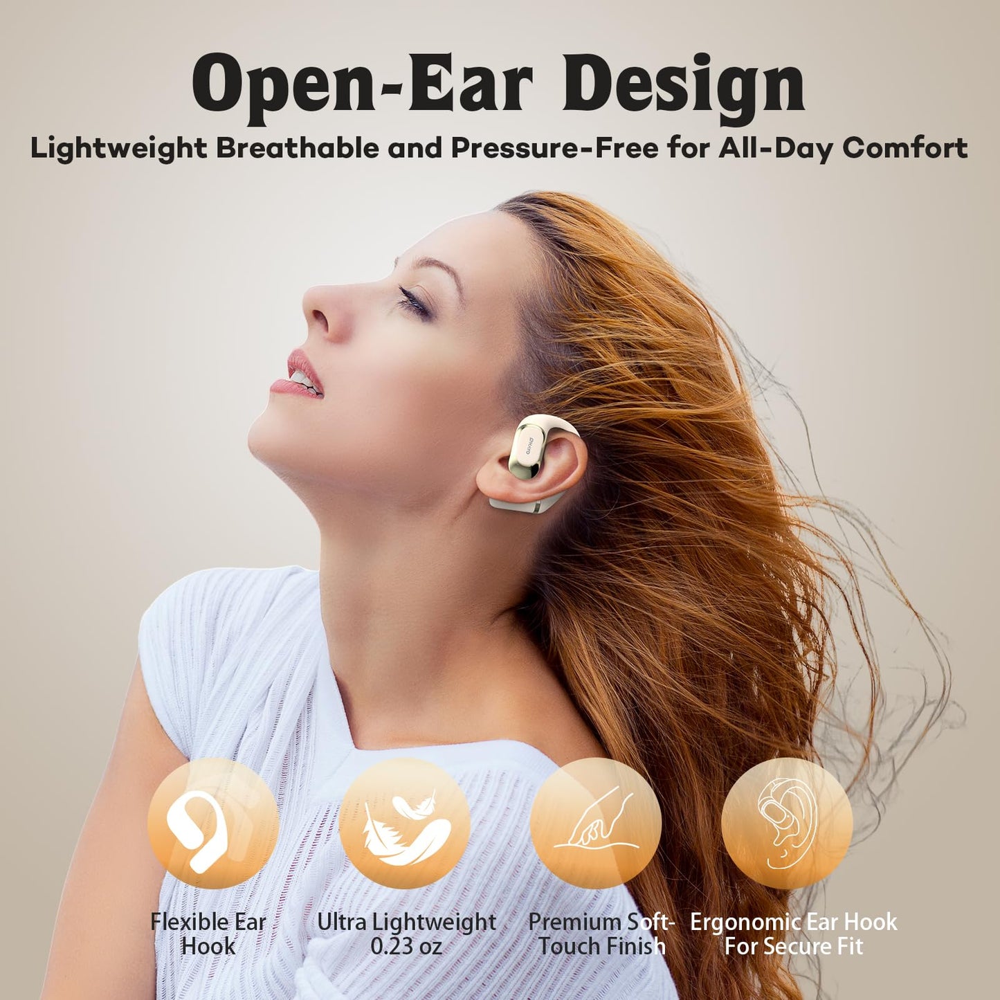OHAYO Open Ear Headphones,Earbuds with Ergonomic Earhook,Bluetooth Headphones 5.4 with Smart Digital Display,40H Playtime,IPX6 Waterproof,Touch Control Earphones Fit Cycling,Running,Workout(Beige)